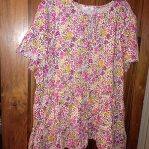 Terra & Sky Pink & Yellow Floral Tie-Front Short Sleeve Tunic